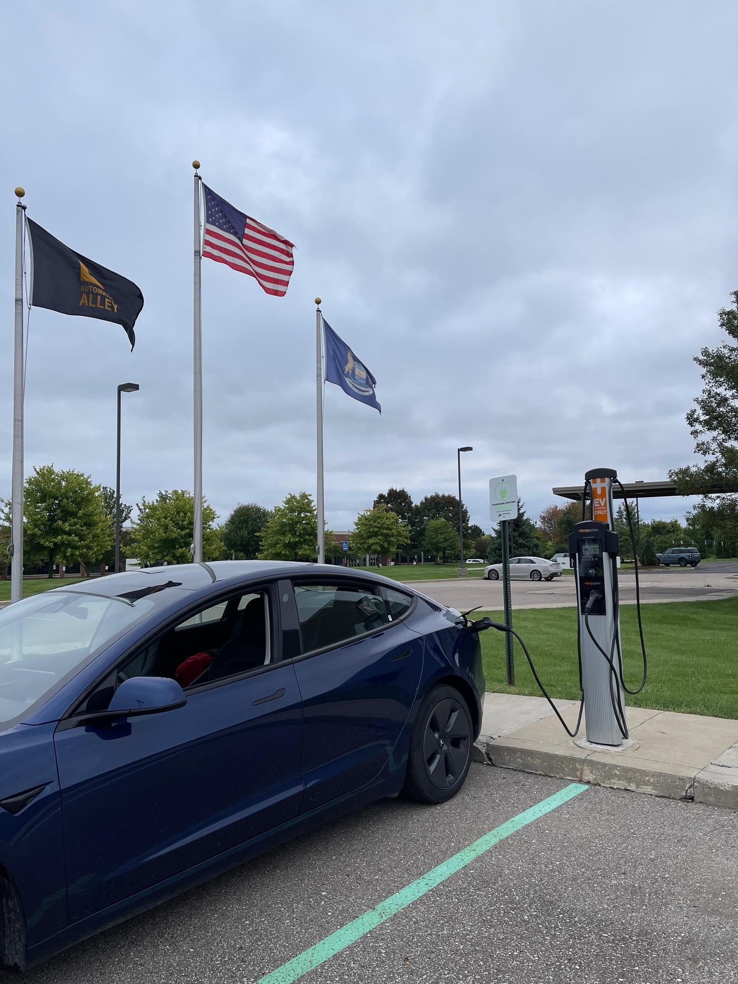 ChargePoint station at Automation Alley with EV-painted parking spaces and Automation Alley flags